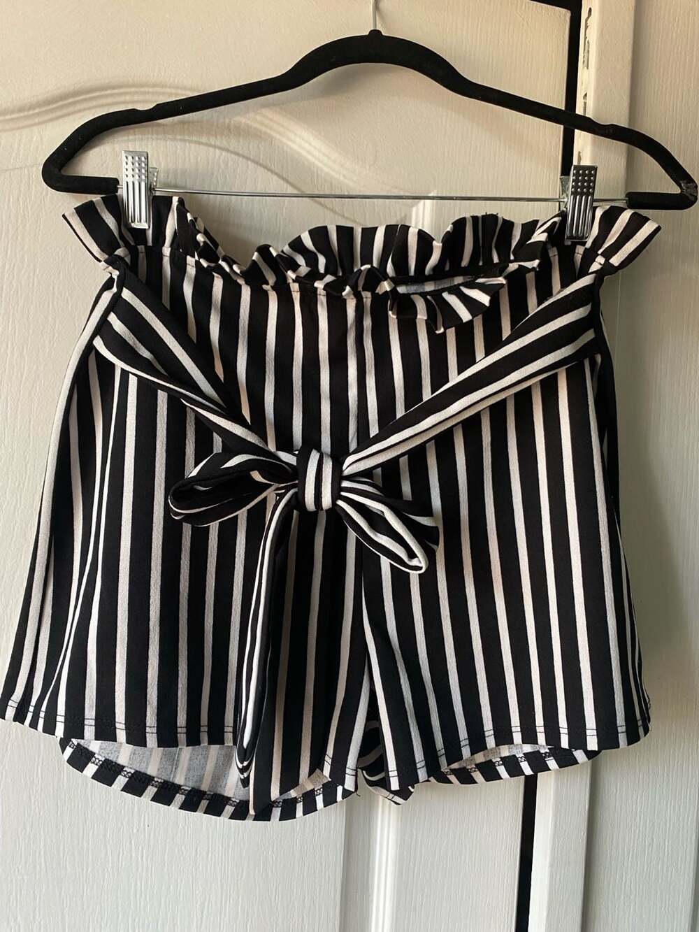 Windsor Black and White Striped Paperbag Waist Shorts with Sash Tie